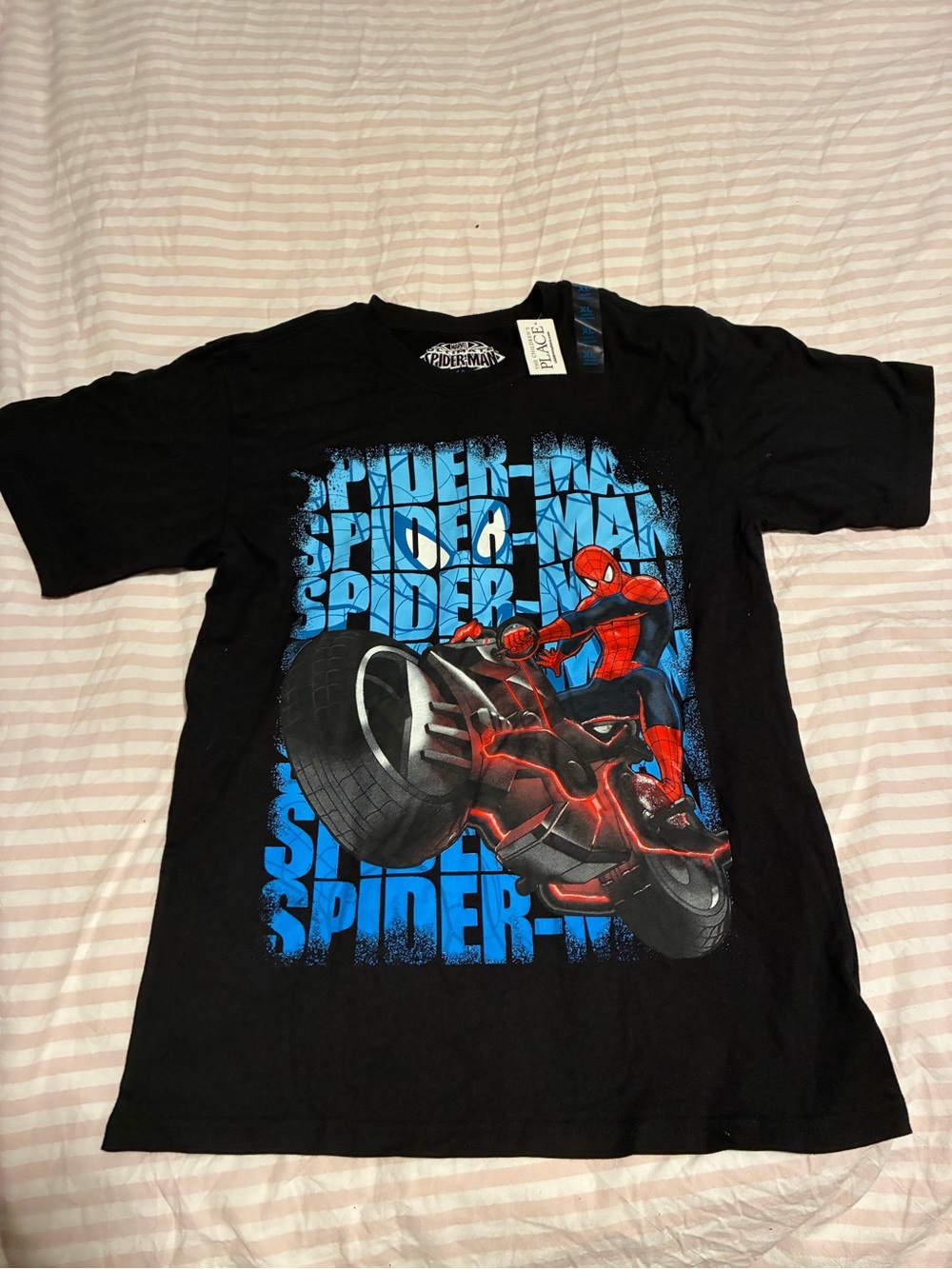 Marvel Black Tee with Blue Spider-Man Text and Red Motorcycle Graphic